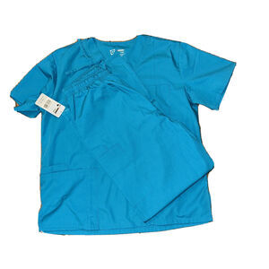 Medical Nursing Scrub Set Women Top& Pants Teal Color Size M With Pockets